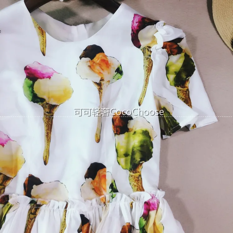 Женское платье с принтом мороженого повседневное белое Плиссированное Платье До