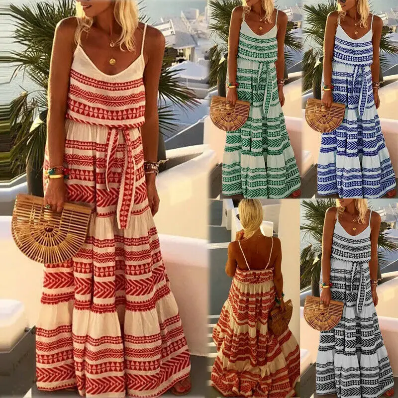 Женское длинное платье макси в стиле бохо вечерние пляжные платья спагетти