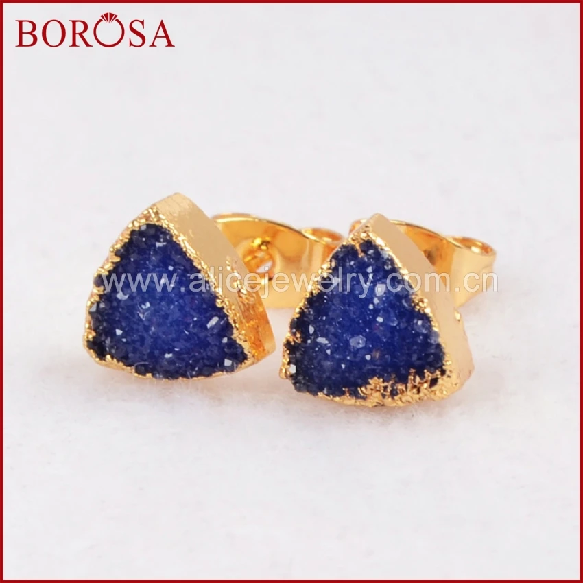 BOROSA 8 мм треугольник золотого цвета Радуга натуральный кристалл Druzy Geode серьги