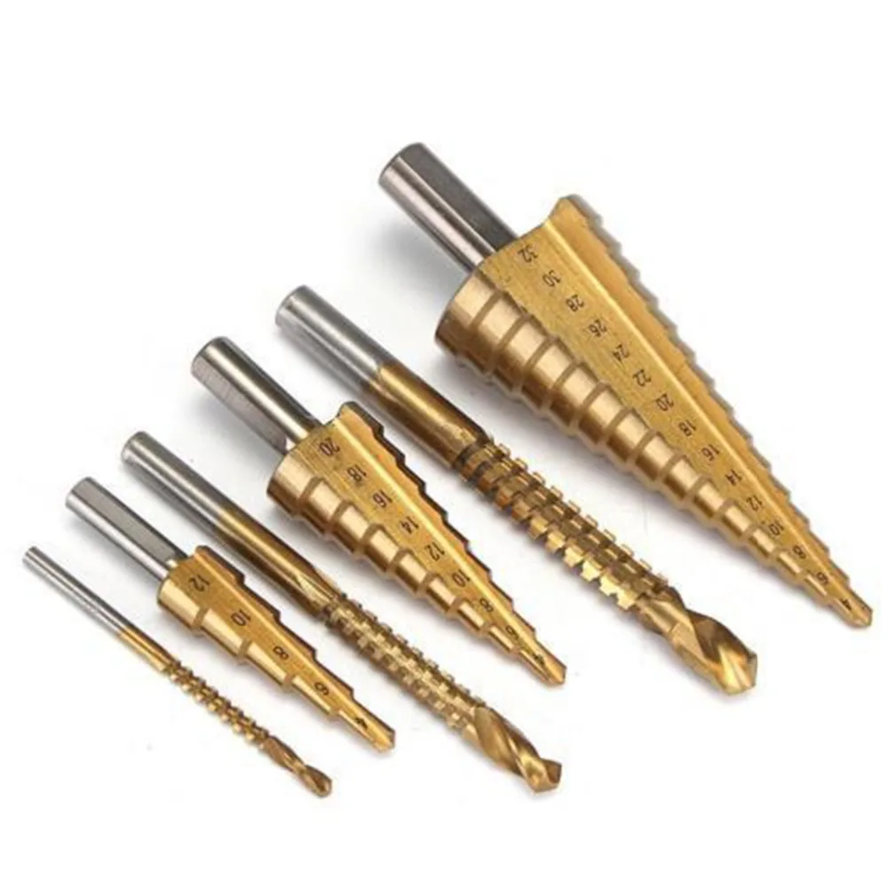 

6pcs/lot Titanium Coated HSS Taper Cone Step Drill Bit Quick Change Bits Set Shank Wood Drilling Power Tool PV board