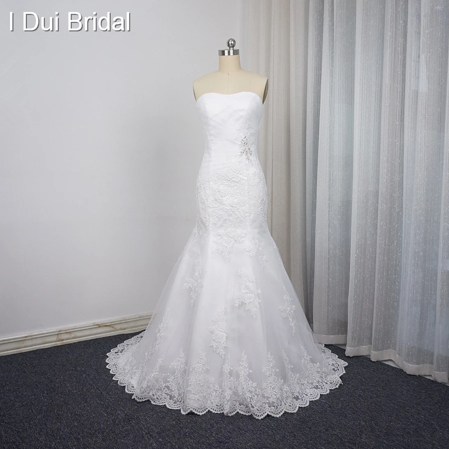 Платье Русалочки без бретелек для свадьбы плиссированное кружевное