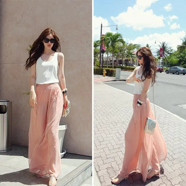 Женские шифоновые брюки палаццо свободные с высокой талией и широкими штанинами