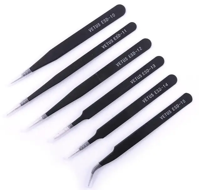 6 Non-magnetic Steel Fine Curved Tip Tweezers Forceps Anti-static ESD SMD chips