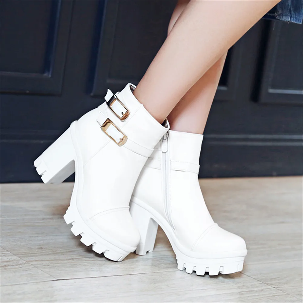 

Dilalula Big Size 33-43 Square High Heels Ankle Boots Women Belt Buckle Zip Platform Autumn Winter Boots Female Shoes Women