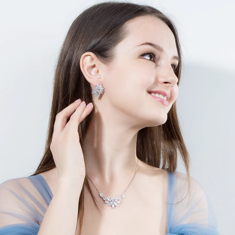 CWWZircons Marquise Cut Цветок Прозрачный белый кубический цирконий модное ожерелье с кристаллами и серьги Ювелирные наборы для женщин T025
