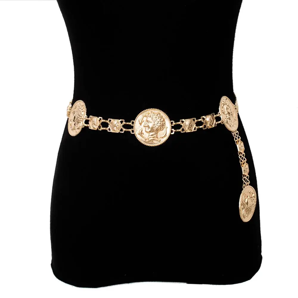 Ingemark Vintage Metal Dangle Waist Belt Chain Jeans Ethnic Gypsy Carved Coin Portrait Pendant Harness Women Belly Body Jewelry