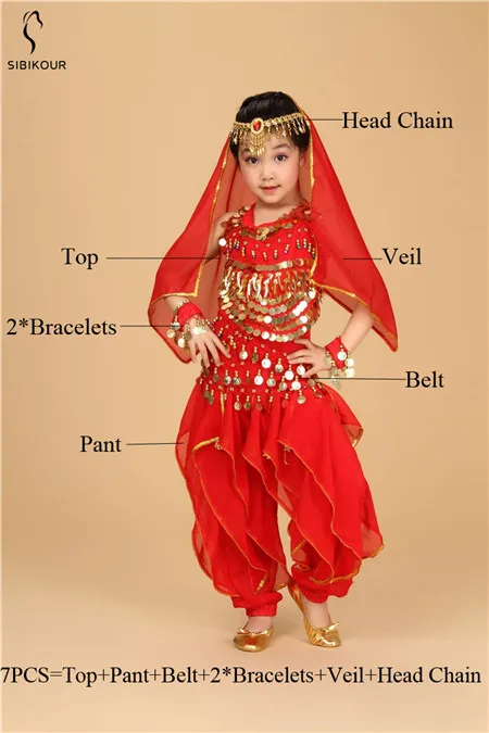 Red 7pcs Kids Belly Dance Costume Bollywood Oriental Bellydance Dress Set Indian Egyptian Egypt Suit Pants Top Dancing Clothes Girls New - Цвет: Red 7pcs