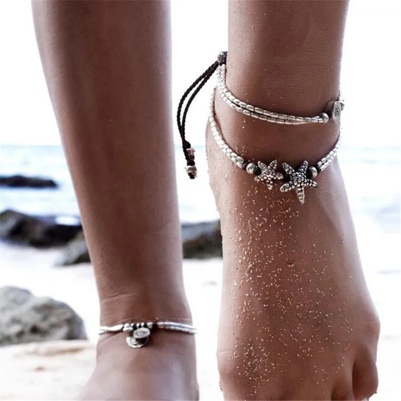 

New Fashion Retro Bohemia Round Rune Starfish Anklet Beach Feet Jewelry Simple Pull Beads Bobo Anklet Bracelet For Women