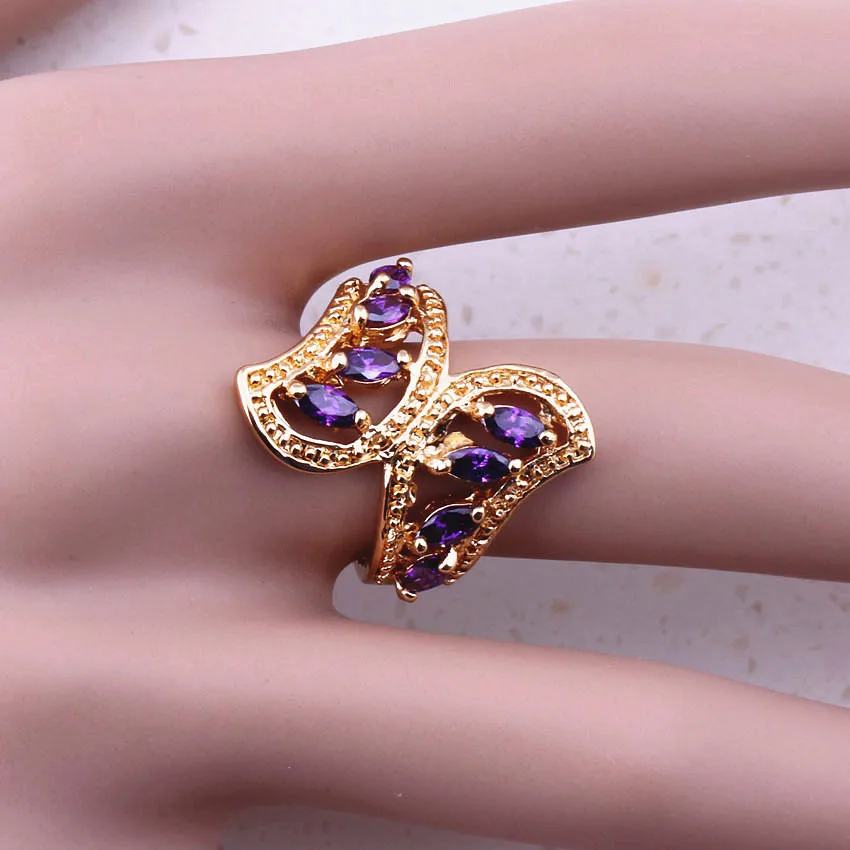 Lovely Purple Austrian Crystal Yellow Gold Color Rings For Women Party Engagement Cheap Fashion Jewelry Free Gift Box I0012 | Украшения и