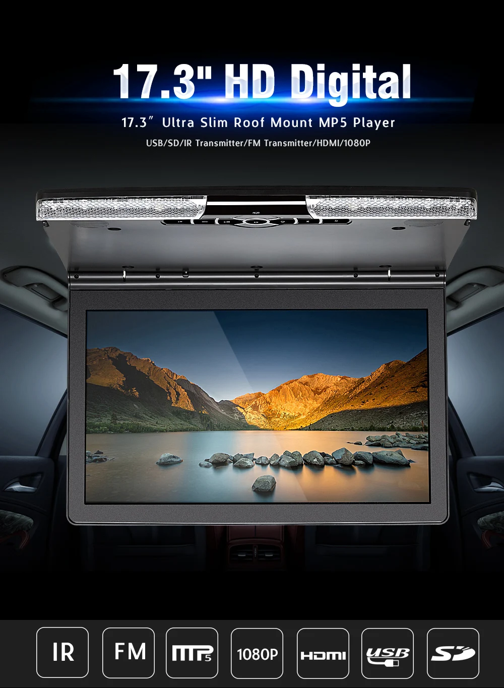 17.3 Inch Car Ceiling Monitor 1920x1080 MP5 Flip Down Roof Mount Car DVD Player with IR FM Transmitter HDMI USB SD Speaker Games