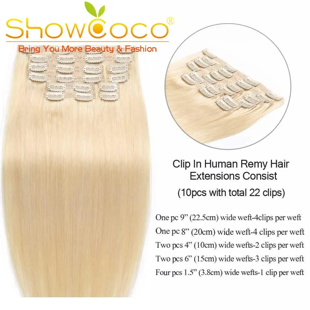 Showcoco человеческие прямые волосы remy на клипсах 10 шт. волосы для наращивания на всю голову 16-24 дюйма