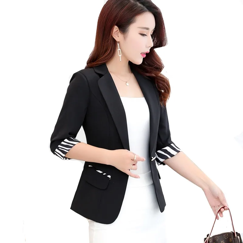 

Black Ladies Blazer Fashion Slim Elegant Single Button Coat Casual Female Short Suit Blazers Seven-quarter sleeve Office Tops