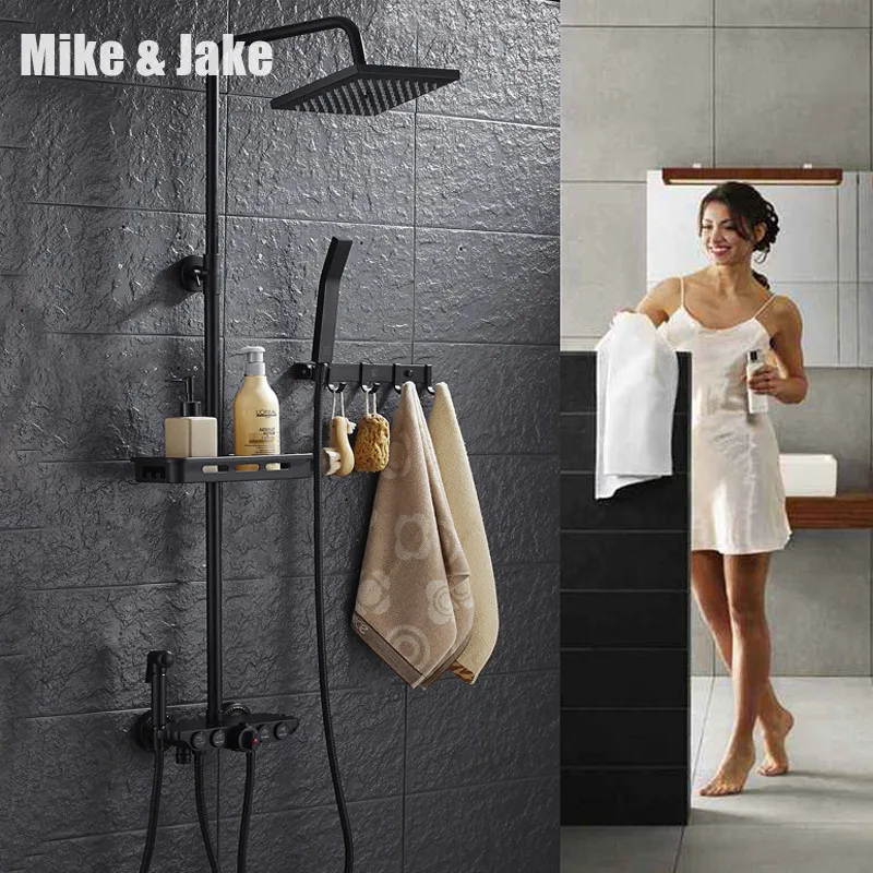 

Черный Термостатический смеситель для душа с биде, настенный кран для ванной комнаты с пятью функциями, черная душевая кабина MJ20186