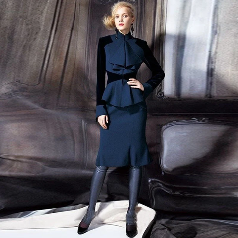 Женский винтажный комплект из двух предметов синий топ с оборками на рукавах и