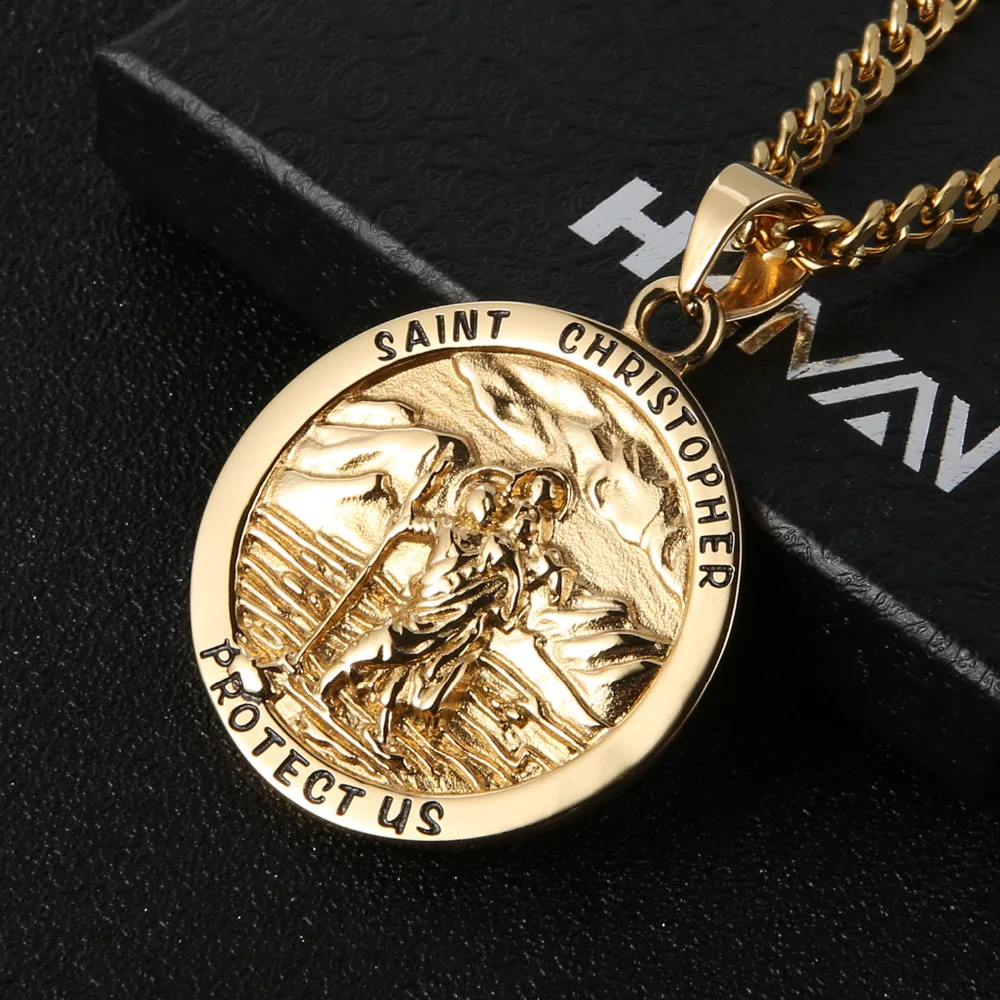 HZMAN круглая подвеска св. Кристофера ожерелье медаль твердая нержавеющая сталь с
