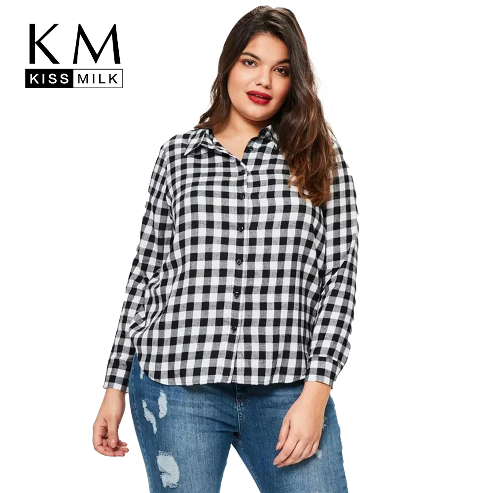 Kissmilk Big Size New Fashion Women Clothing Casual Plaid Loose Blouse OL Style Button Plus 3XL 4XL 5XL 6XL | Женская одежда