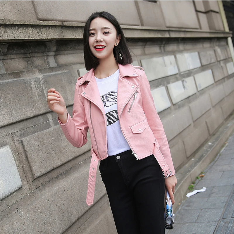 Женская короткая байкерская куртка Lusumily Черная из искусственной кожи яркие