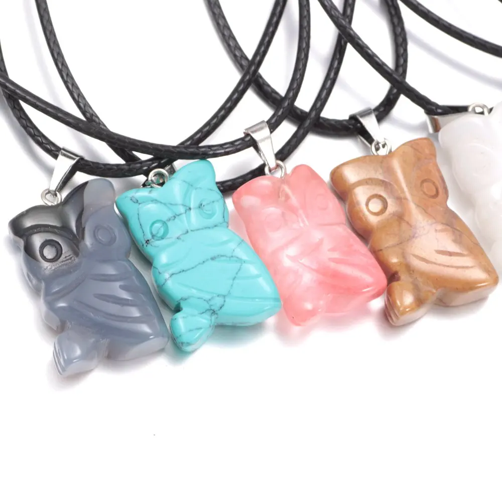 

0499 New Arrivals Natural Crystal Stone Pendant Owl Amulet Necklace Pendant For Women Leather Necklace
