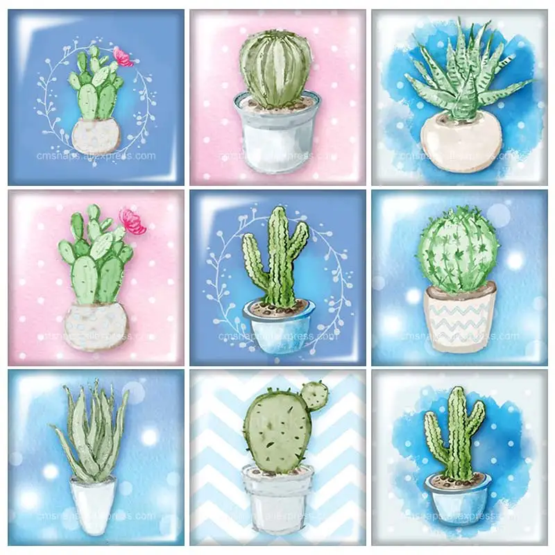 

Beauty Flowers cactus sakula 12mm/20mm/25mm/30mm Square glass cabochon flat back DIY Jewelry Findings Components wholesale