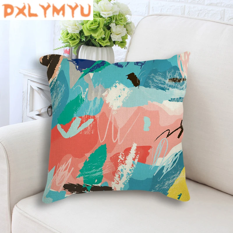 Однотонная наволочка для дивана с цветными блоками декоративная льняная