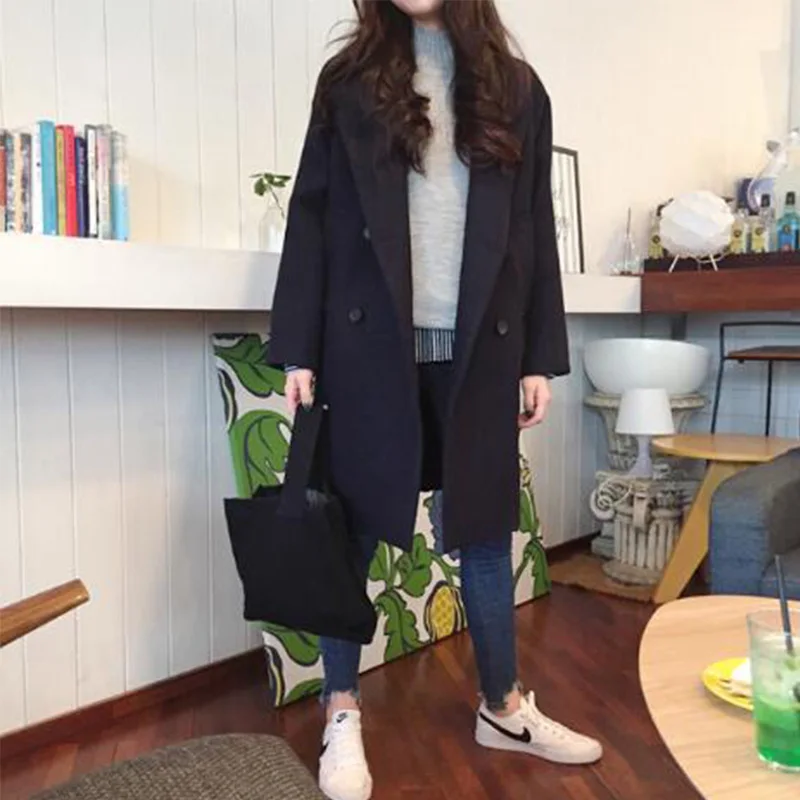 Женское двубортное пальто однотонное с длинным рукавом и карманами 2019 | Женская