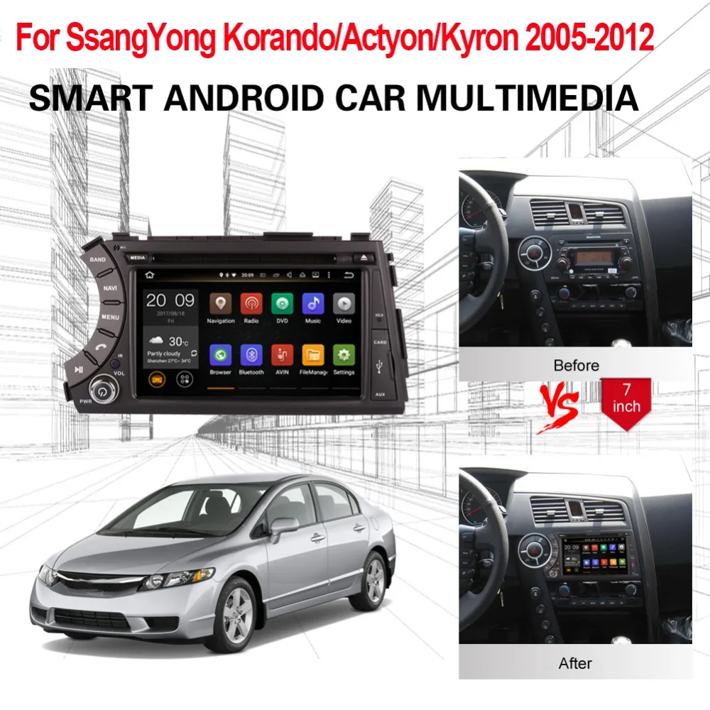Автомагнитола на Android 7 1/8 0 с GPS навигацией для SsangYong Korando/Actyon/Kyron 2005 2012 CD DVD