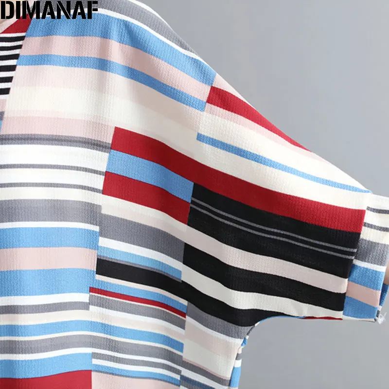 

DIMANAF Women T-Shirt Summer 2018 Chiffon Striped Print Basic Tops Batwing Sleeve Female Casual tshirt Large ClothingOversize