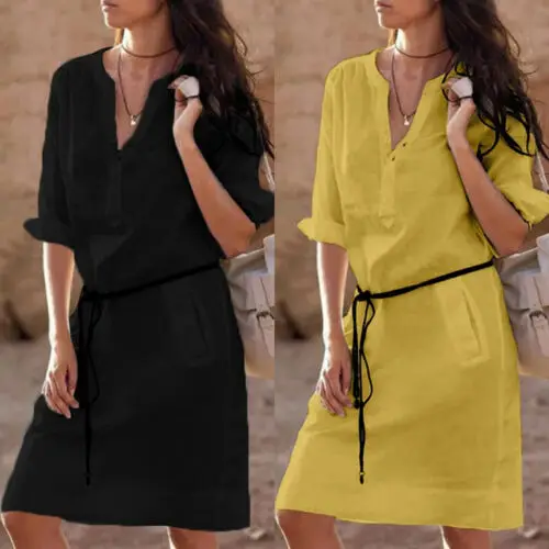 

Summer Dresses 2019 New Casual Women Summer Cotton Loose Long Sleeve Turn-down Collar Solid Short Dress