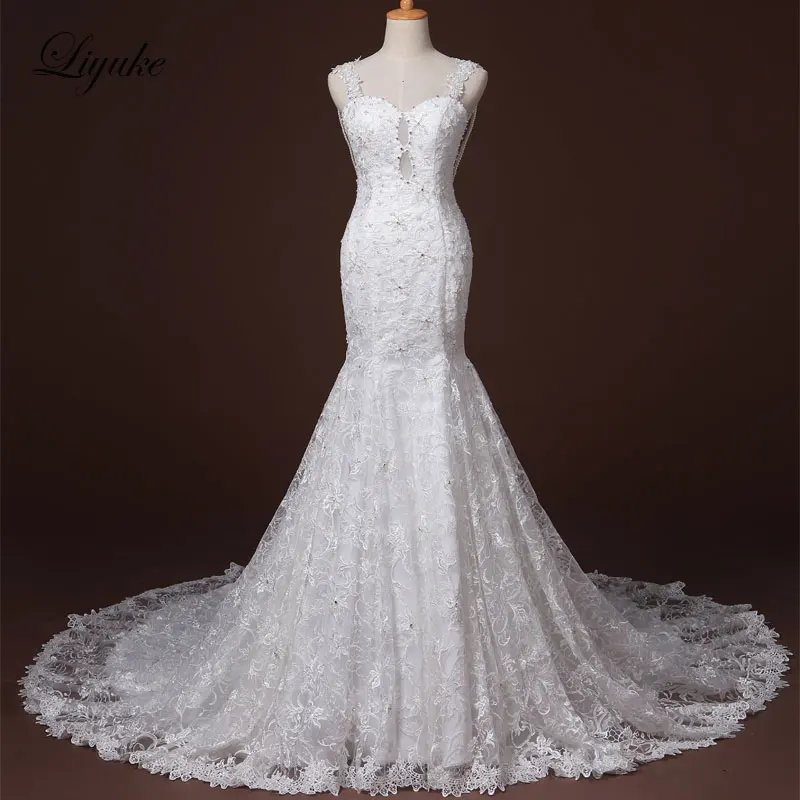 

Liyuke J37 Fabulous Lace Sweetheart Mermaid Wedding Dress Court Train Appliques Beading Illusion Spaghetti Straps Bridal Gowns