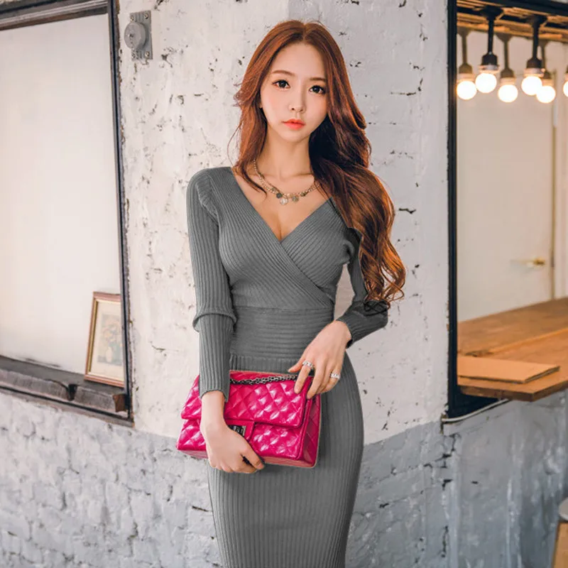 Женское трикотажное облегающее платье свитер из хлопка с V образным вырезом|dress