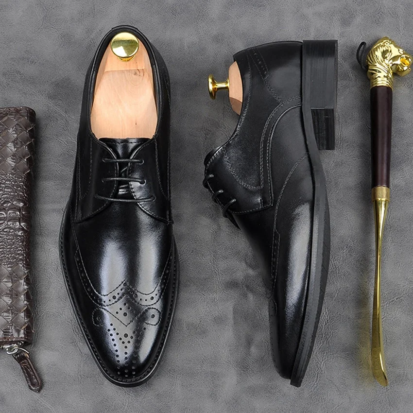 

New Luxury Genuine Leather Formal Dress Modern Wingtip Brogues Shoes Pointed Toe Men's Carved Wedding Oxfords For Bride AM154