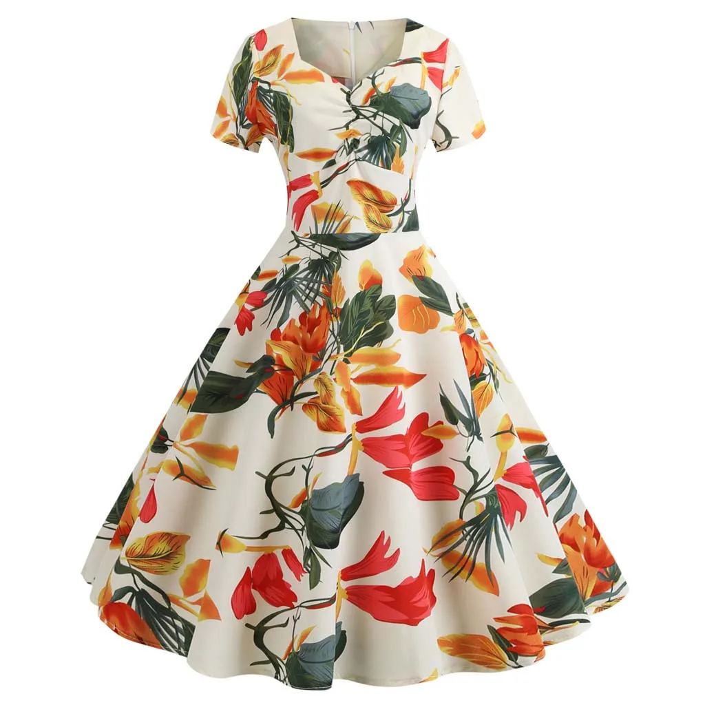 Женское платье пачка с короткими рукавами v образным вырезом на молнии цветочным