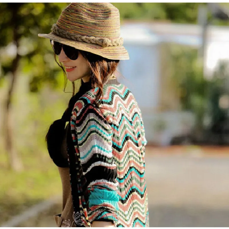 2019 новые летние Для женщин в богемном стиле полоску соломенный джазовый шляпа с