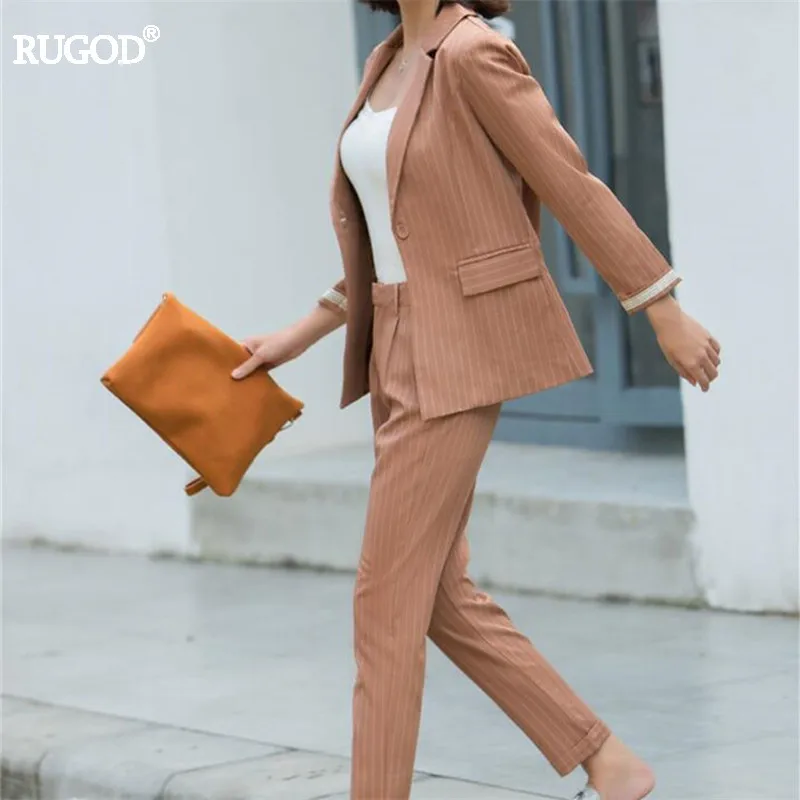 Женский блейзер в полоску Rugod деловой костюм с длинными штанами для осени 2018 |