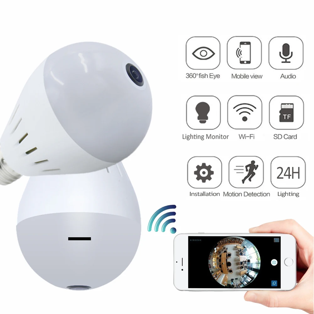 Умная лампа E27 wi fi беспроводная панорамная линза рыбий глаз с углом обзора 360