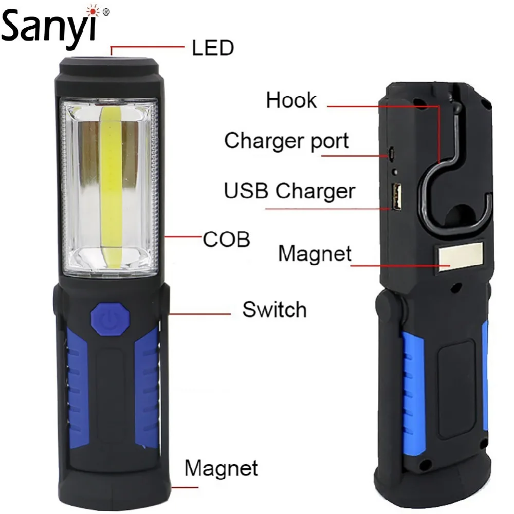 

RU Powerful Portable 1000 Lumen COB LED Flashlight Magnetic Rechargeable Work Light 360 Degree Stand Hanging Torch Lamp For Work