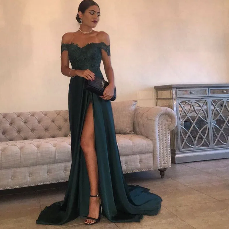 Элегантные темно-зеленые женские платья для выпускного вечера с открытыми плечами, кружевные атласные длинные вечерние платья с высоким разрезом, официальные женские платья