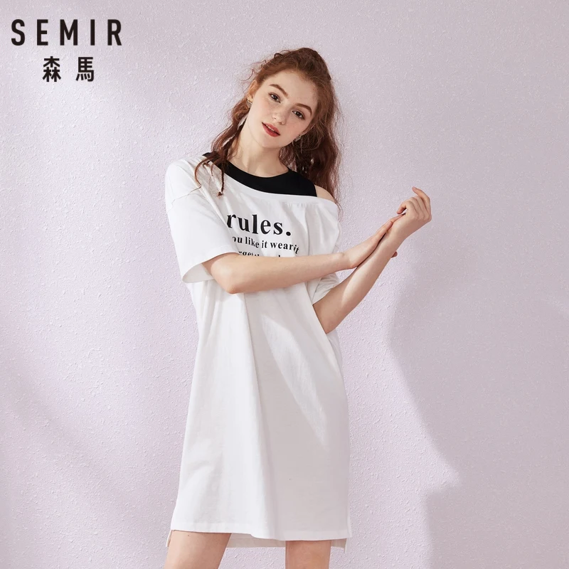 Женское свободное платье SEMIR белое черное из двух частей с круглым вырезом и