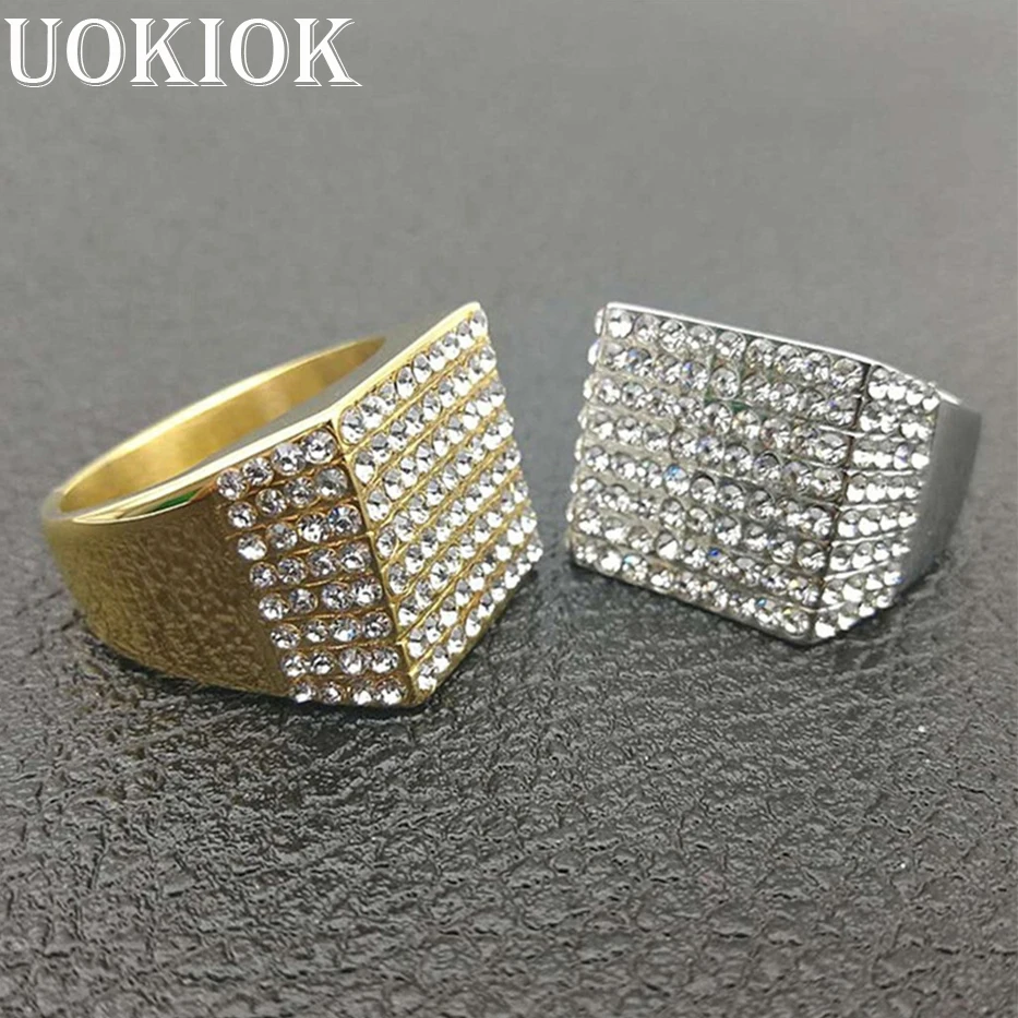 Хип хип микро проложить Стразы Iced Out Bling квадратное кольцо золотого цвета