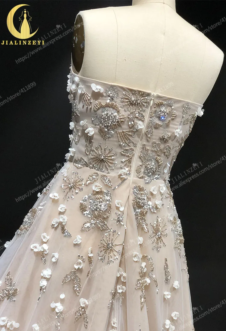 Rhine real Pictures Strapless Chamapgen and Grey Beads Sequins A-line Formal dress prom dresses arabic evening dresses long