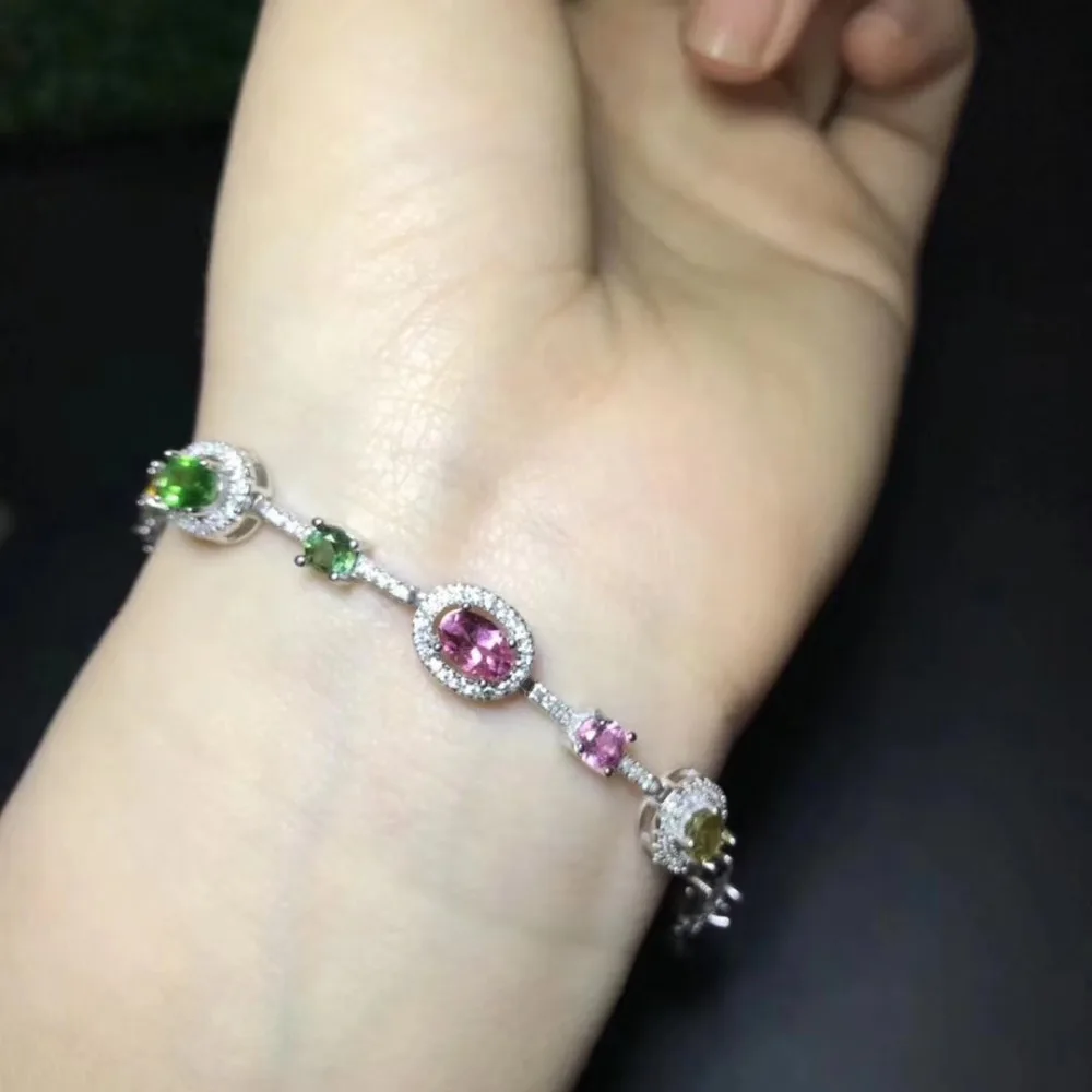 

Natural Multicolor tourmaline Fashion round Bracelet Natural gemstone Bracelet S925 silver women girl party gift Jewelery