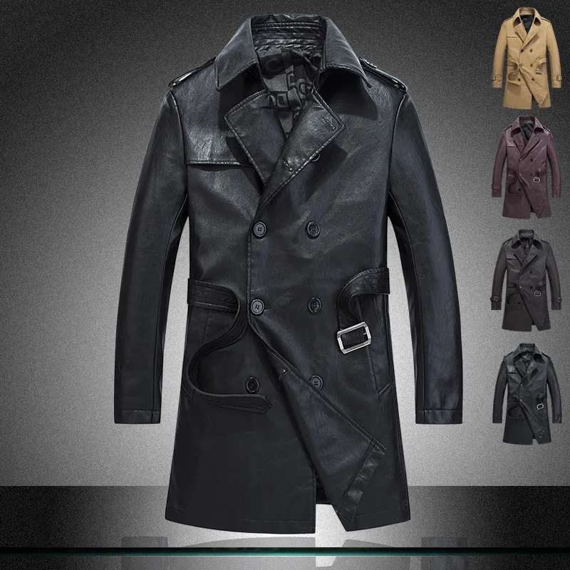Abrigo Зимняя Куртка Двойной Брестед Длинные Кожаные Пальто Мужчины Jaqueta Couro Masculina