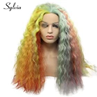 Сильвия; Доступны все цвета радуги волнистые передние локоны для парика из искусственных волос Смешанный разноцветный половина, сделанная вручную жаропрочных волокна волос для женщин