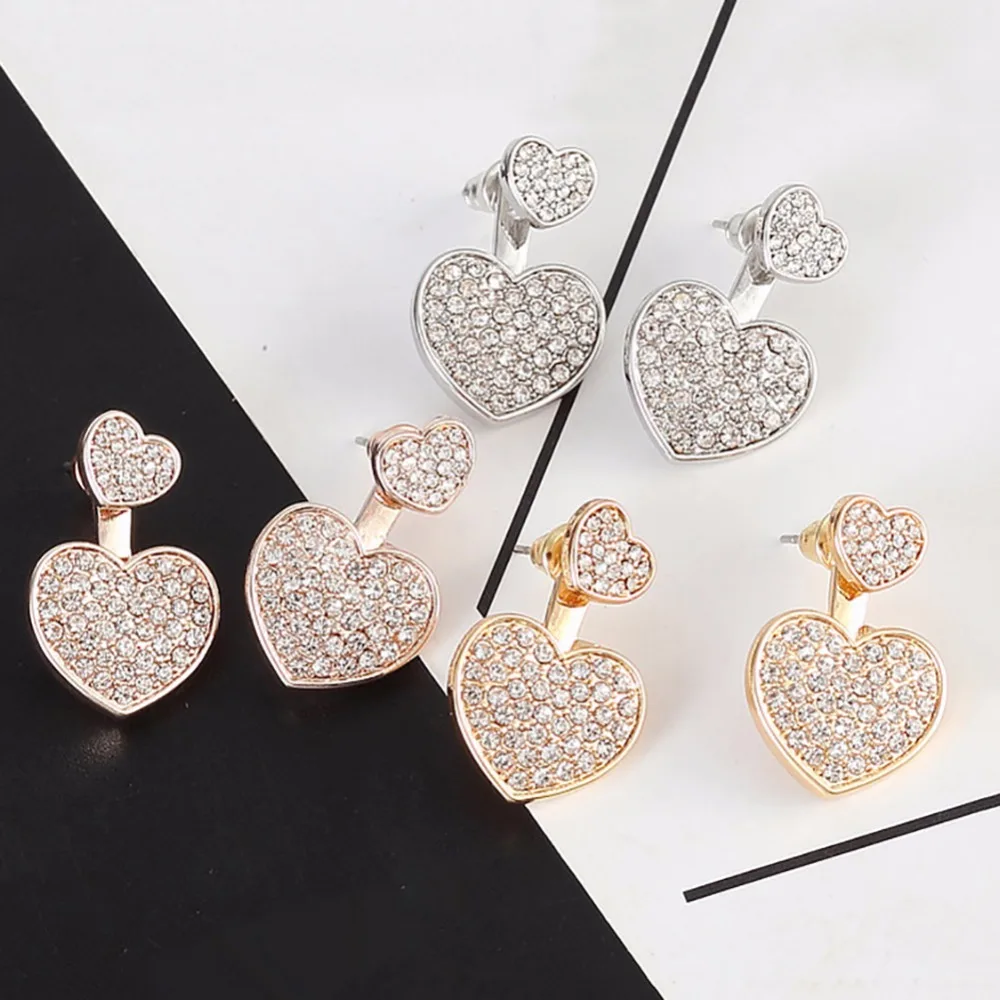 1 пара модные маленькие и большие сердце кристалл Стразы сзади спереди Серьги уха