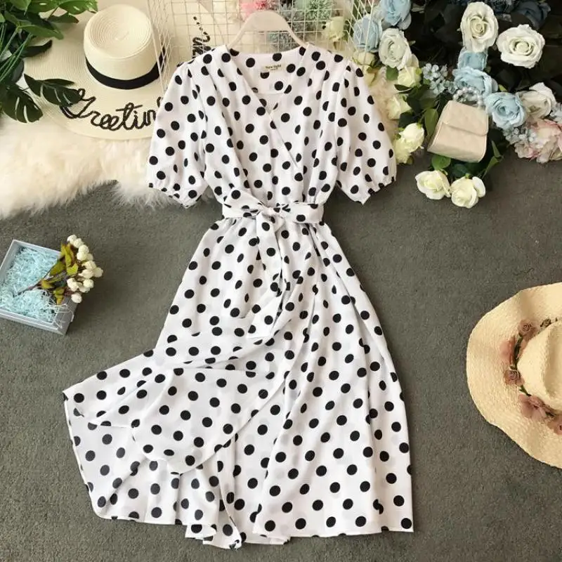 Женское пляжное платье в горошек Boho облегающее длинное Бандажное с v-образным