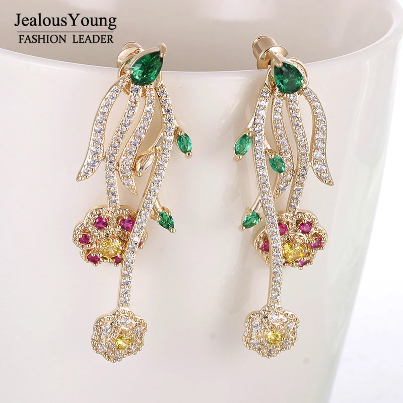Elegant Multicolor Rose Flower Party Drop Earrings For Women Wedding Yellow Gold Color CZ Stone Long Brnicos | Украшения и