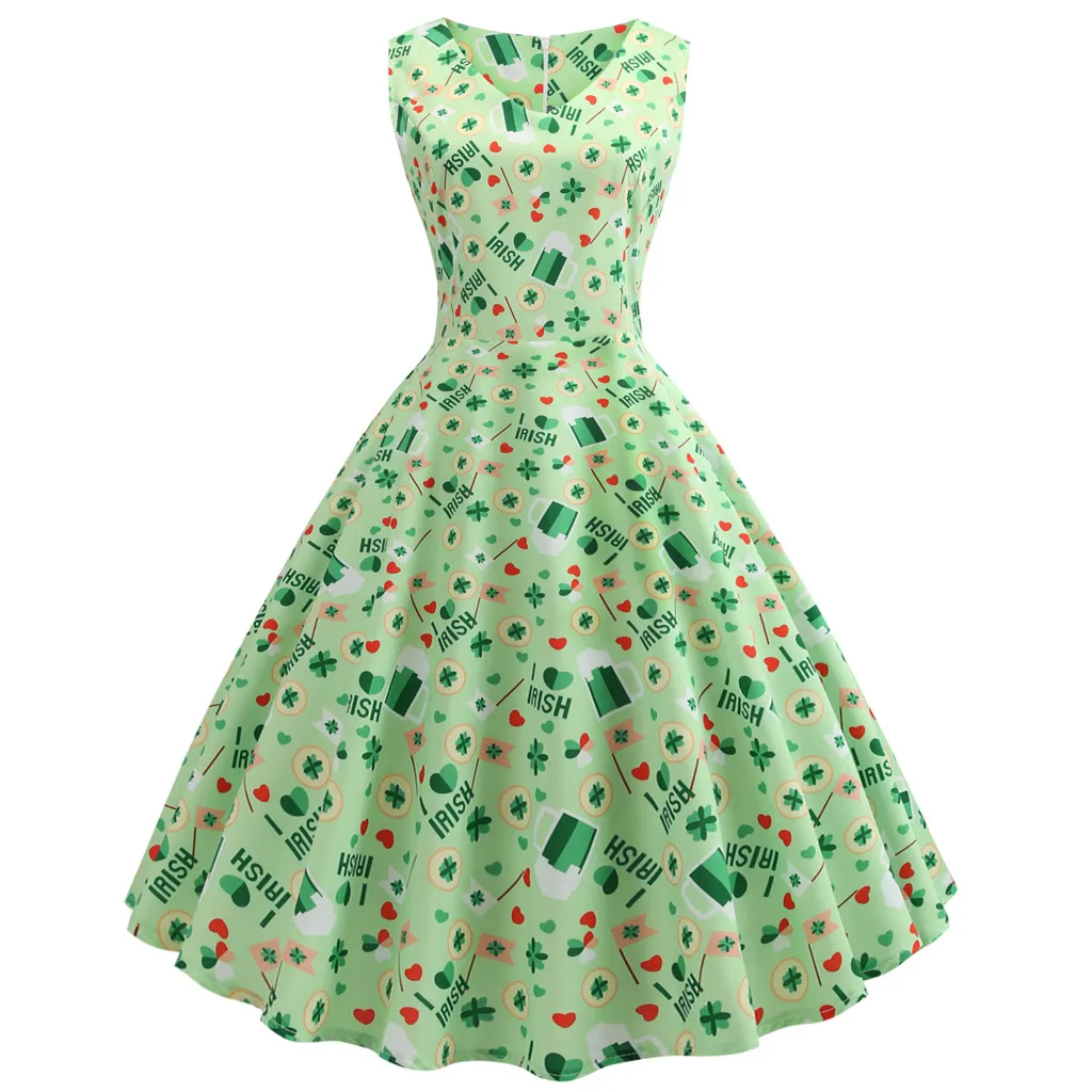 2019 День Святого Патрика женские Клевер без рукавов вечернее платье с принтом для