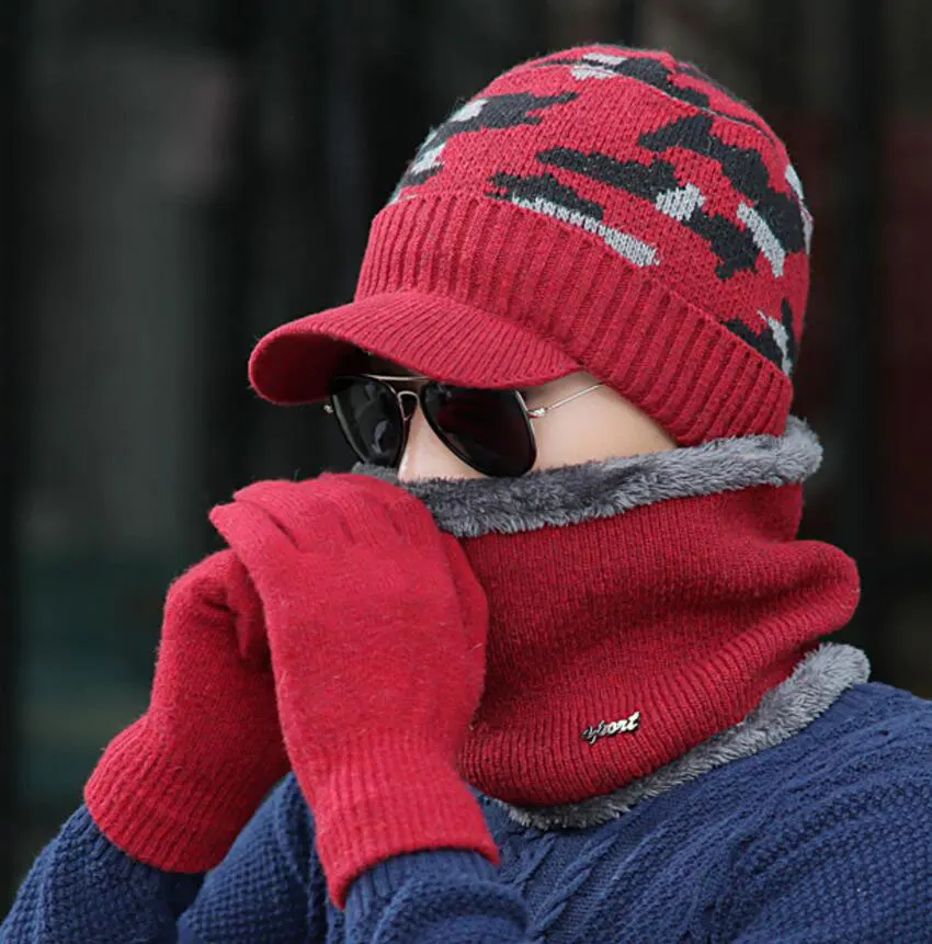 Red Hat Scarf Glove Для мужчин зимняя шапка и шарф перчатки 3 шт. комплект для Для женщин шарфы Кепки с козырьком вязать козырек Skullies шапочки мужской теплые головные уборы, Балаклава - Цвет: Red Hat Scarf Glove