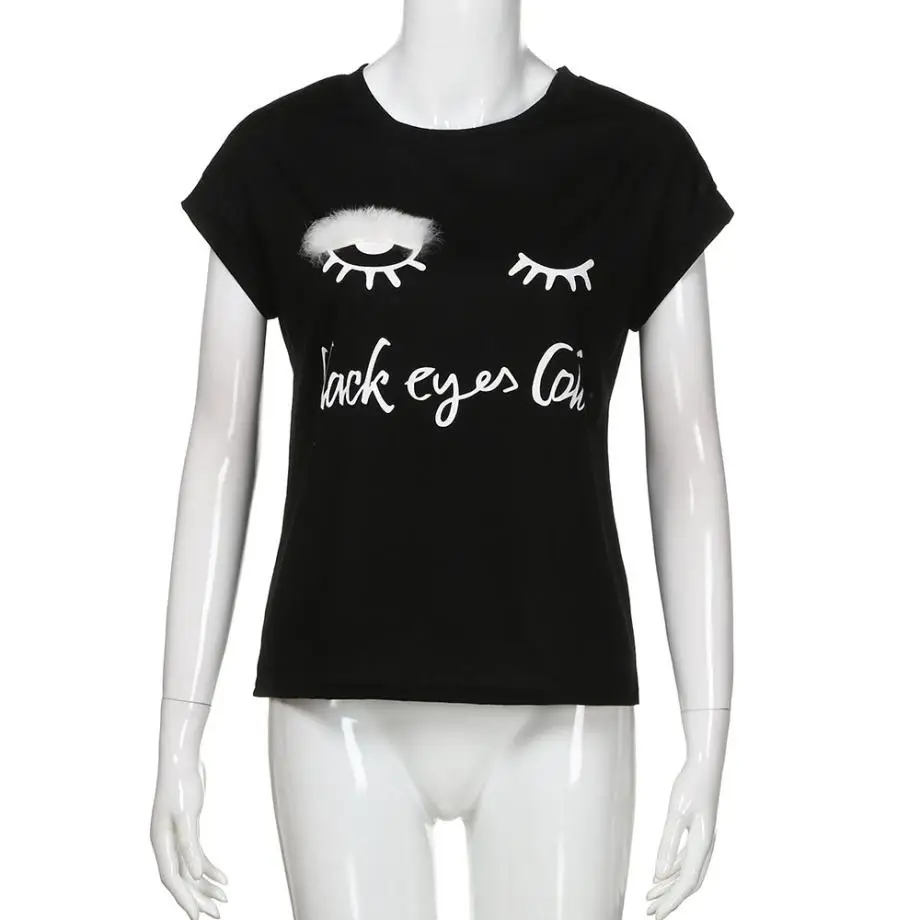 

Women Blouse Summer Black Short Sleeve Letter Eyelash Print O-Neck Women Blouse Top Nice Blouse Top Summer Fashion