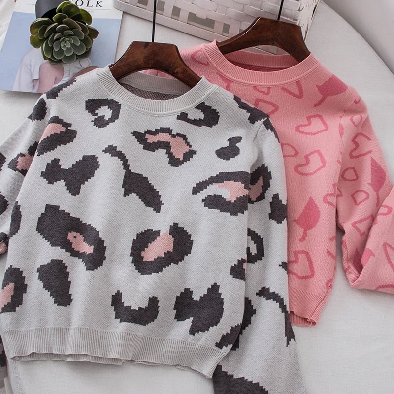 2019 Autumn Winter Women Sweater Short Pullover Knitted Leopard O-Neck Long Sleeve Fashion Casual Loose jumpers ladies | Женская одежда